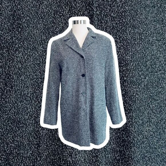 Vintage Touche Boucle Blazer Jacket Long Trench Black Grey 12 Medium Large - Picture 1 of 6